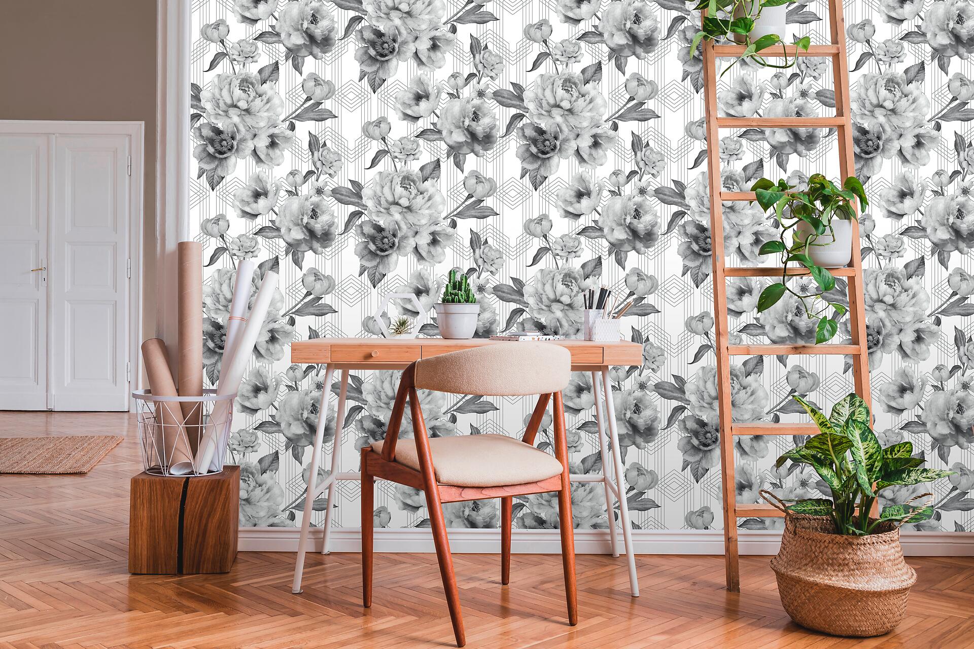 UGEPA Papiertapete Blumen grau weiß B/L: ca. 53x1005 cm glitzernd