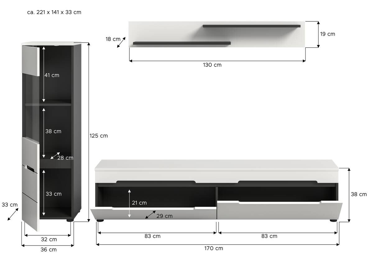 Wohnwand Canu basaltgrau weiß B/H/T: ca. 221x141x33 cm
