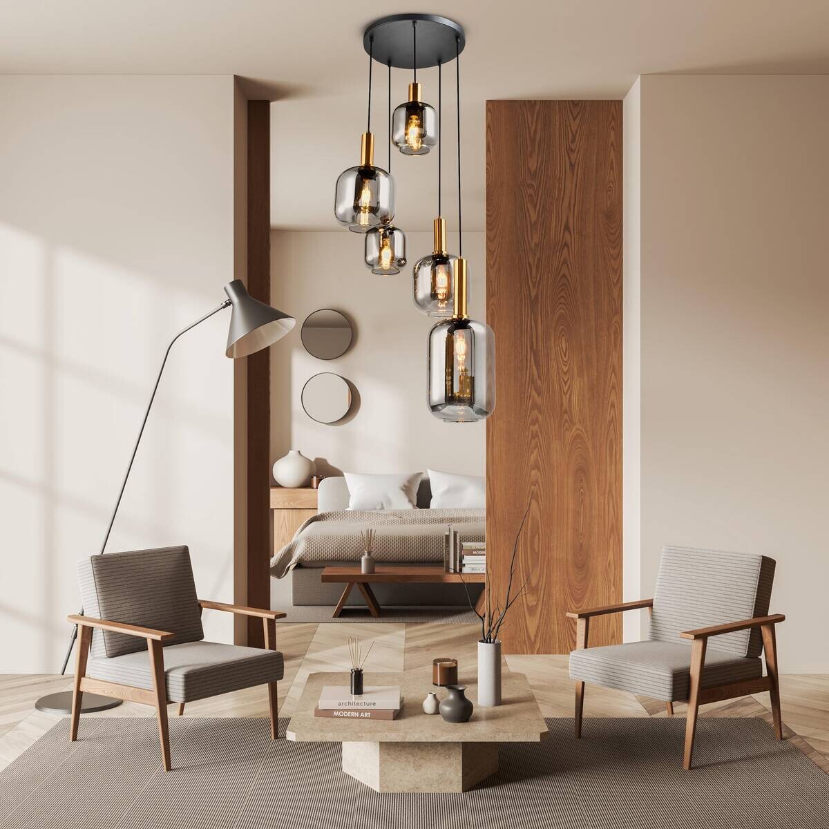 Näve Leuchten Pendelleuchte 7095822 schwarz Metall Glas T/D: ca. 150x55 cm E27 5 Brennstellen