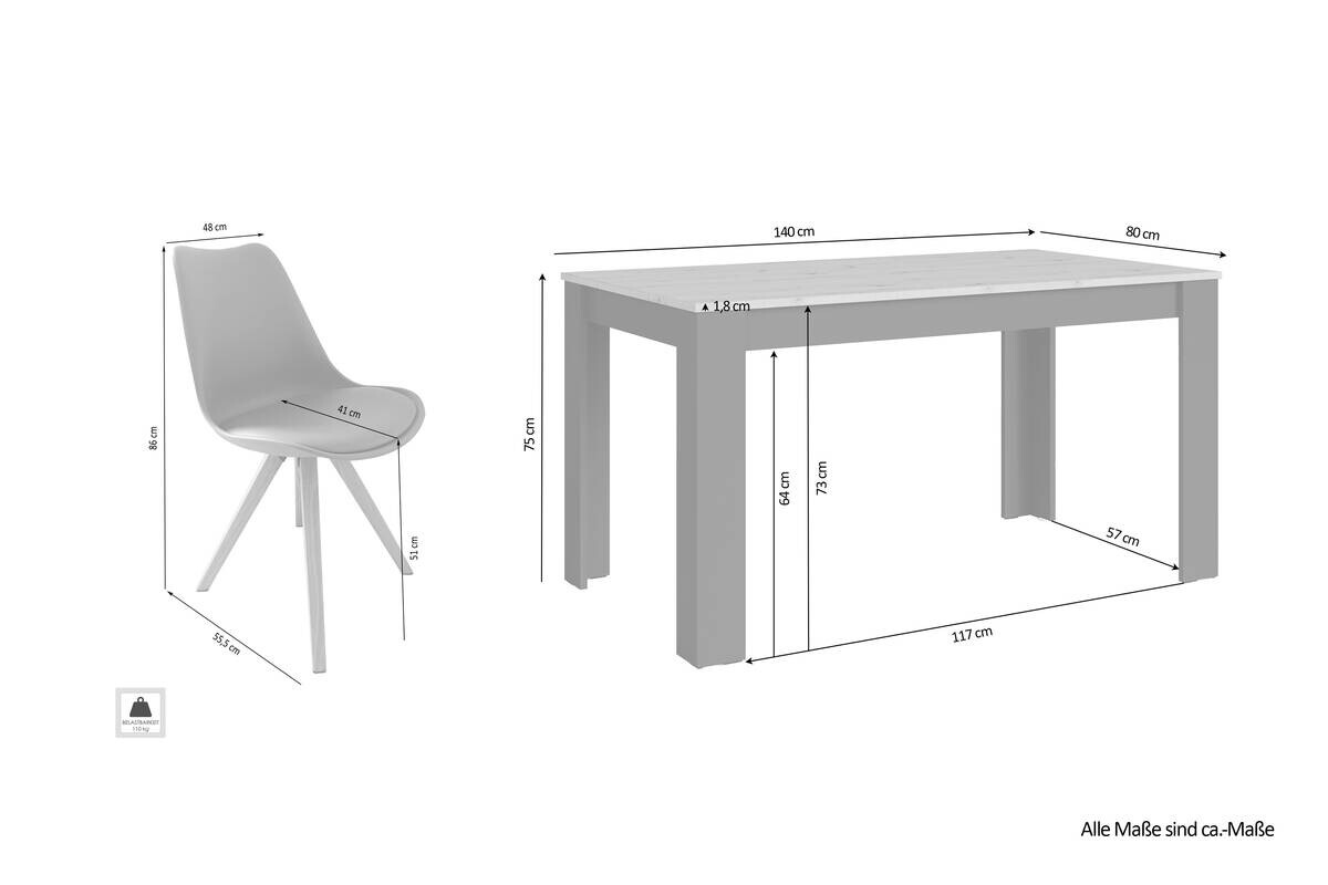 Tischgruppe KIRA anthrazit Eiche schwarz B/H/T: ca. 140x75x80 cm