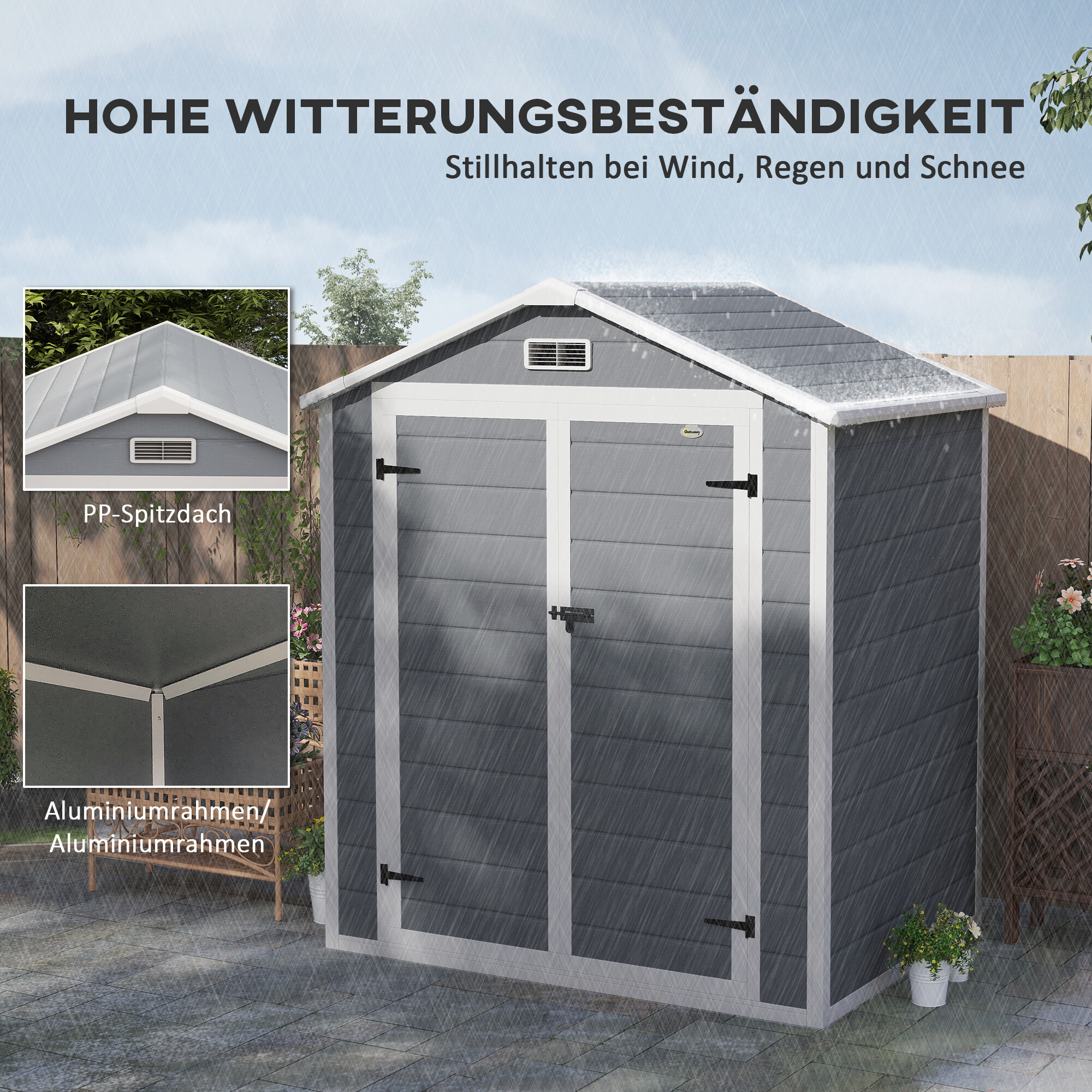 Outsunny Gartenschuppen grau Kunststoff B/H/L: ca. 134x210x183 cm