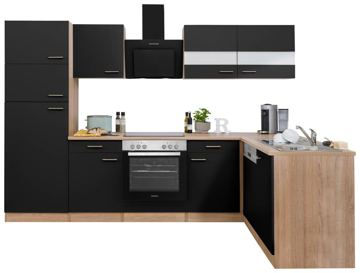 Respekta Winkelküche Economy schwarz matt B/H/T: ca. 280x200x172 cm