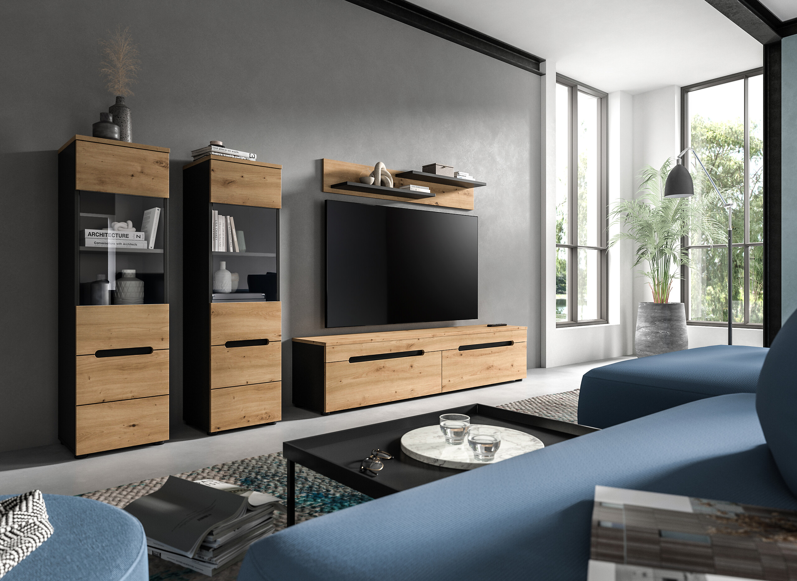 Wohnwand Canu basaltgrau Nachbildung Artisan Oak Nachbildung B/H/T: ca. 272x141x33 cm