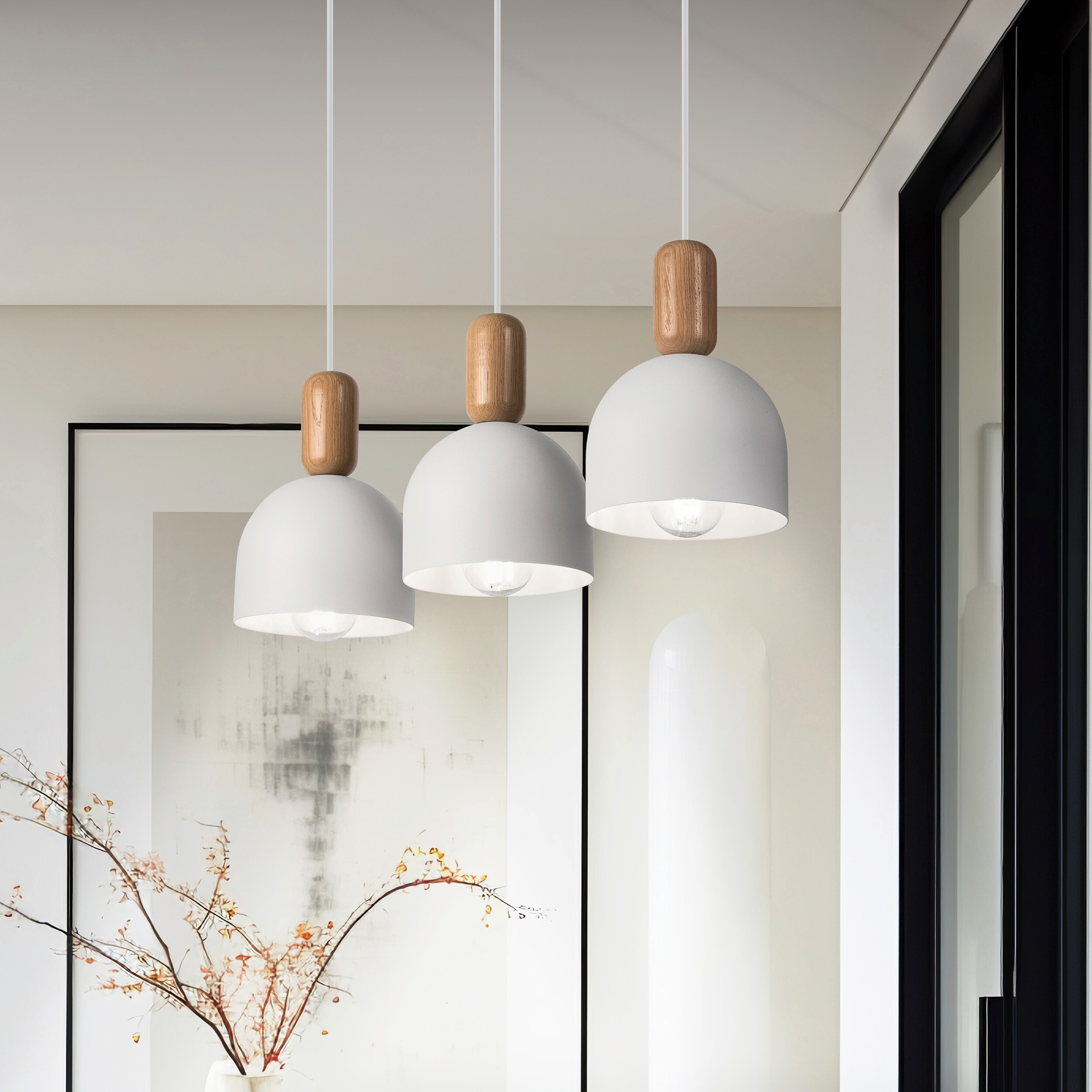 Lamkur Hängeleuchte Eiche weiß Stahl Holz B/H/L: ca. 15,5x85x59 cm E27 3 Brennstellen