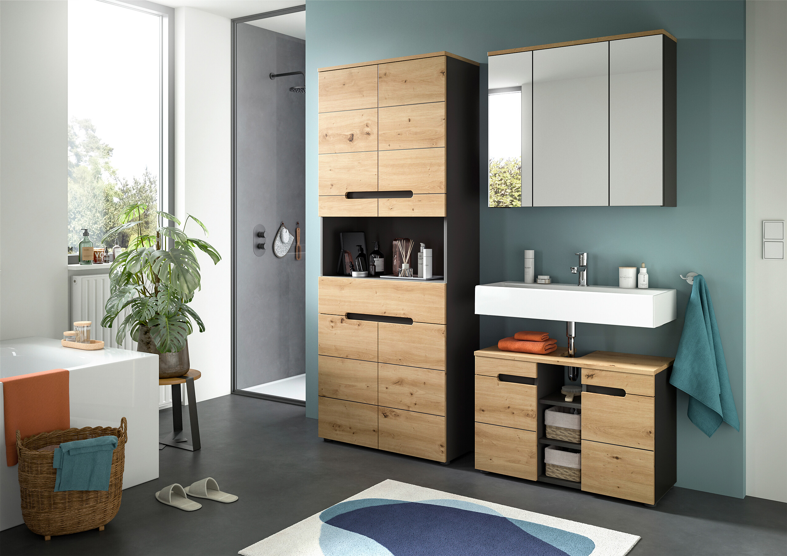 Waschbeckenunterschrank Canu Basalt Eiche Artisan Nachbildung B/H/T: ca. 80x55x34 cm