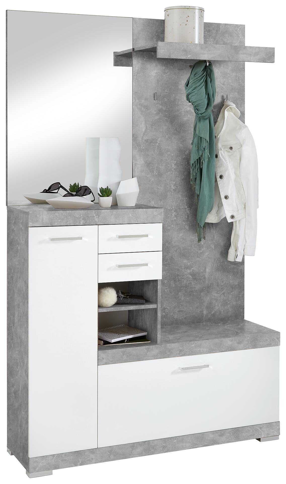 Garderobe  Beton Optik weiß glänzend B/H/T: ca. 120x193,5x35,5 cm