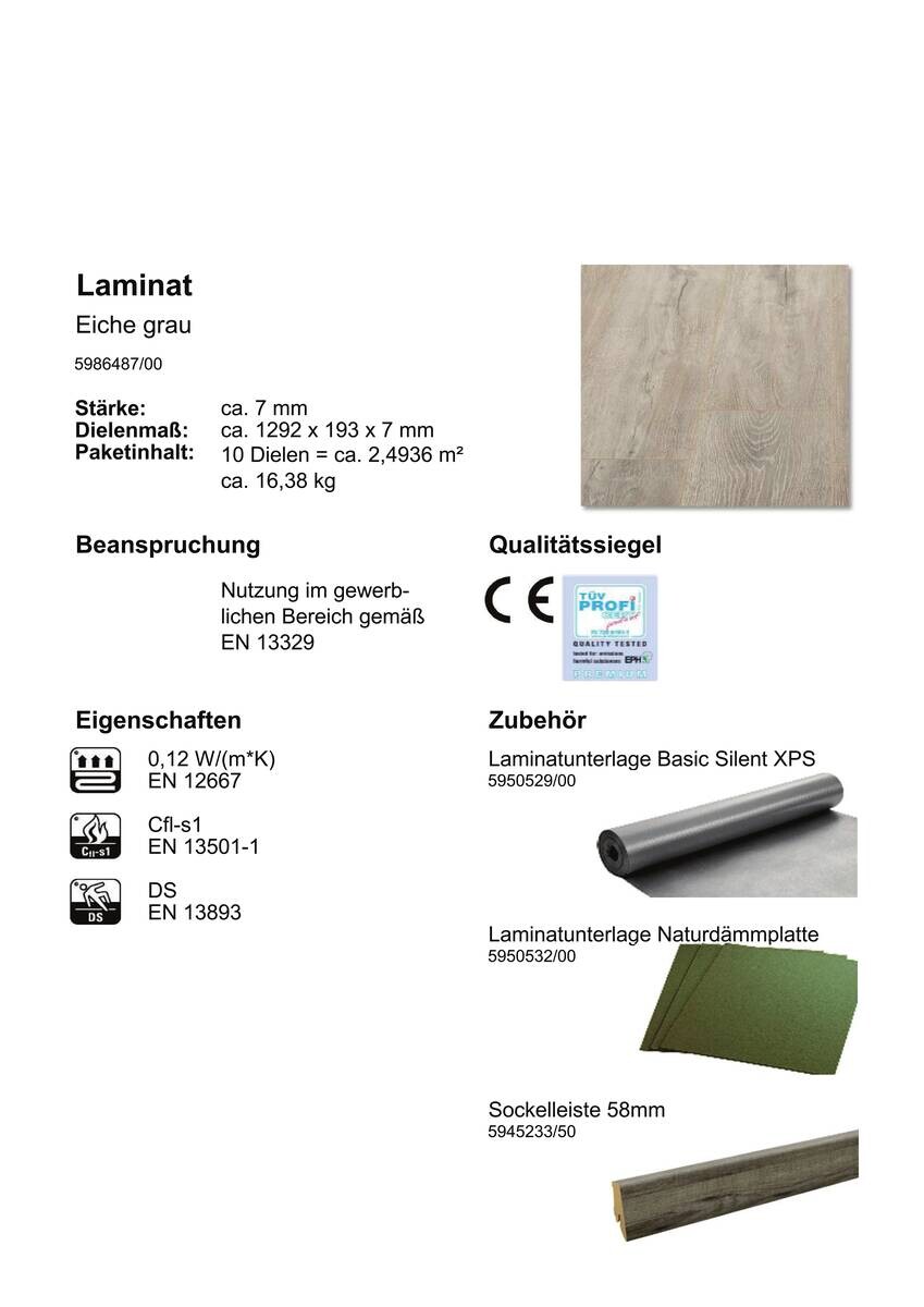 EGGER Laminatboden Eiche grau ca. 2,4936 m² im Paket  B/L: ca. 19,3x129,2 cm pro Paket
