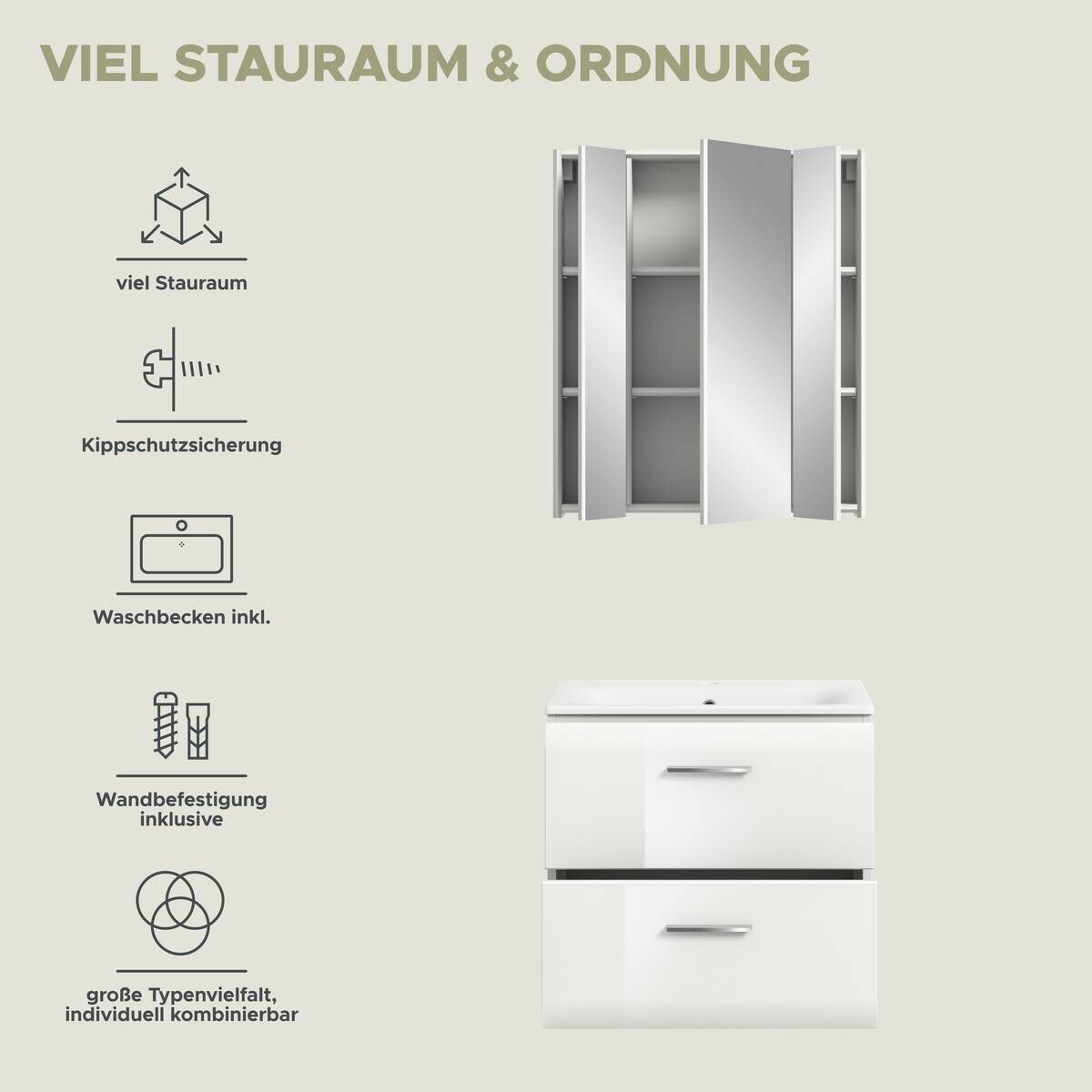 Badezimmer-Set Ice weiß weiß Hochglanz B/H/T: ca. 60x185x46 cm