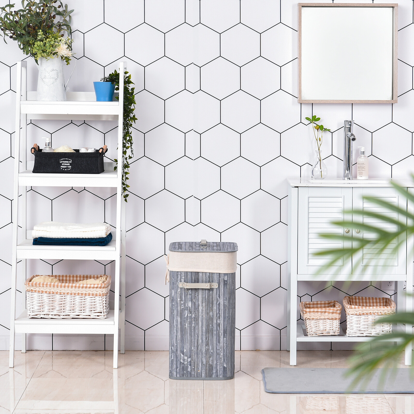 HOMCOM Wäschekorb mit 2 Tragegriffen grau Bambus Stoff Kunststoff B/H/L: ca. 30x60x40 cm