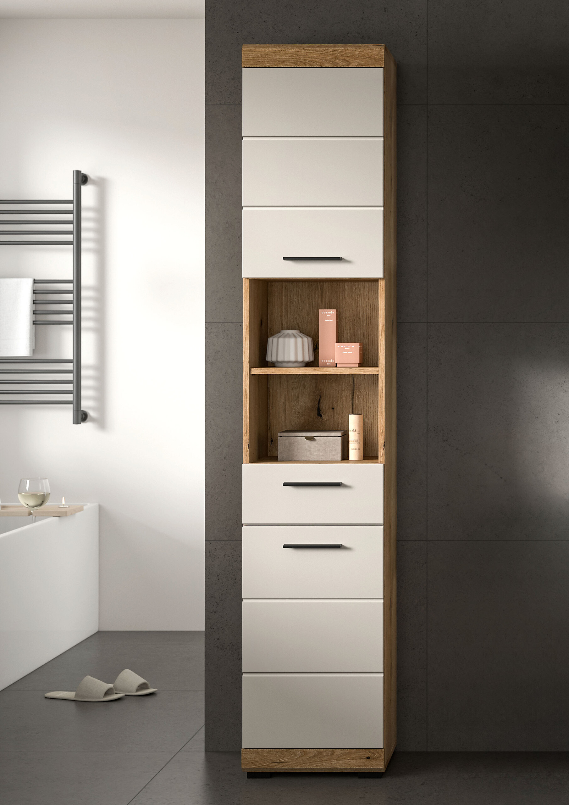 Badhochschrank Scout Evoke Oak Nachbildung Kaschmirgrau Nachbildung B/H/T: ca. 37x191x31 cm Badhochschrank Scout Evoke Oak Nachbildung Kaschmirgrau Nachbildung B/H/T: ca. 37x191x31 cm