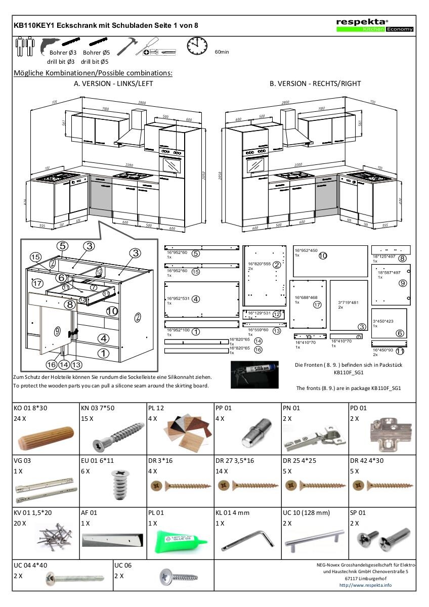 Respekta Winkelküche KBL280EYWS weiß B/H/T: ca. 280x205x172 cm