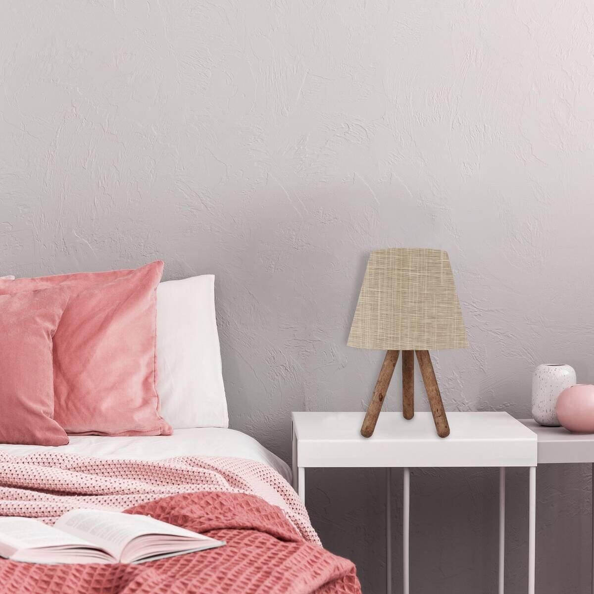 Opviq Tischleuchte creme nussbaum Buche PVC B/H/L: ca. 22x33x22 cm E27 1 Brennstellen