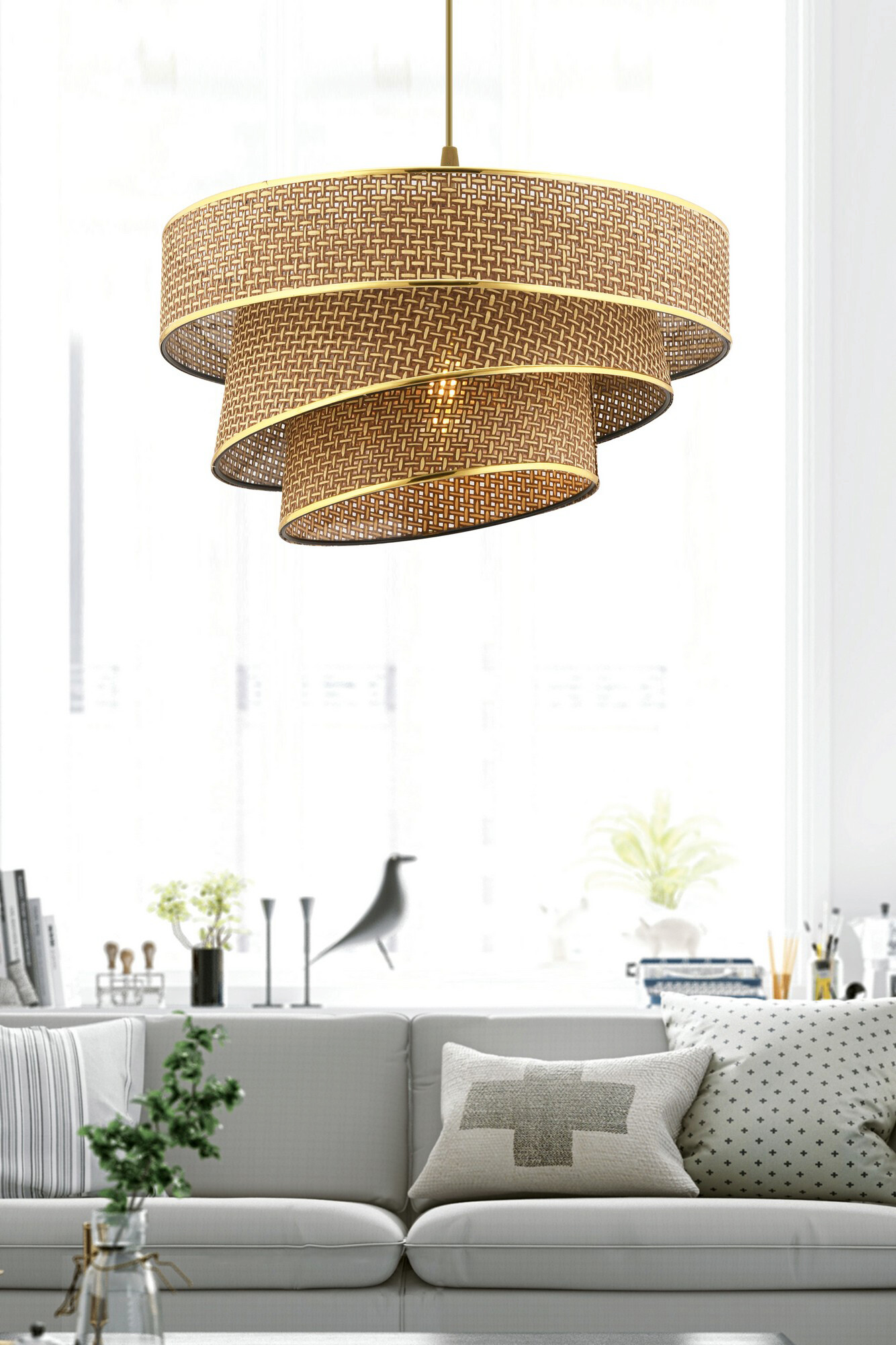 Opviq Pendelleuchte Couper beige gold Metall Baumwolle B/H/L: ca. 40x72x40 cm E27 1 Brennstellen