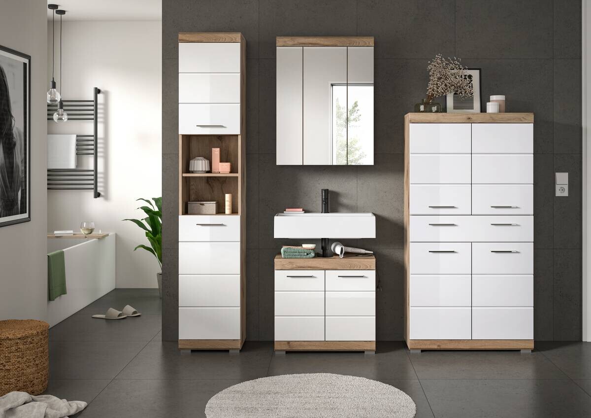 Badezimmer-Set Wave weiß Hochglanz Nox Oak Nachbildung B/H/T: ca. 204x191x34 cm