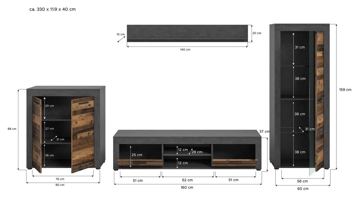 Wohnwand Jam Matera Nachbildung Old Wood Nachbildung B/H/T: ca. 159x330x35 cm