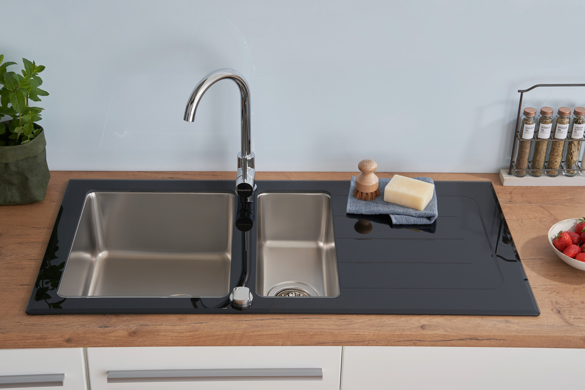 Respekta Einbauspüle New York 100 x 50 S schwarz Glas Edelstahl B/H/T: ca. 100x21x50 cm