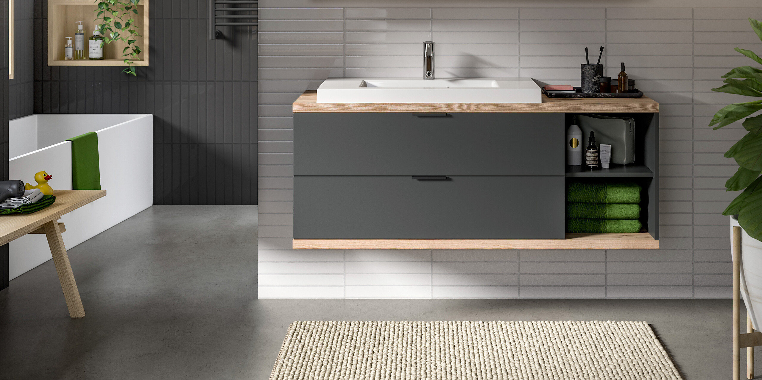 Waschbeckenunterschrank Nuaro anthrazit Nox Oak Nachbildung B/H/T: ca. 130x57x48 cm