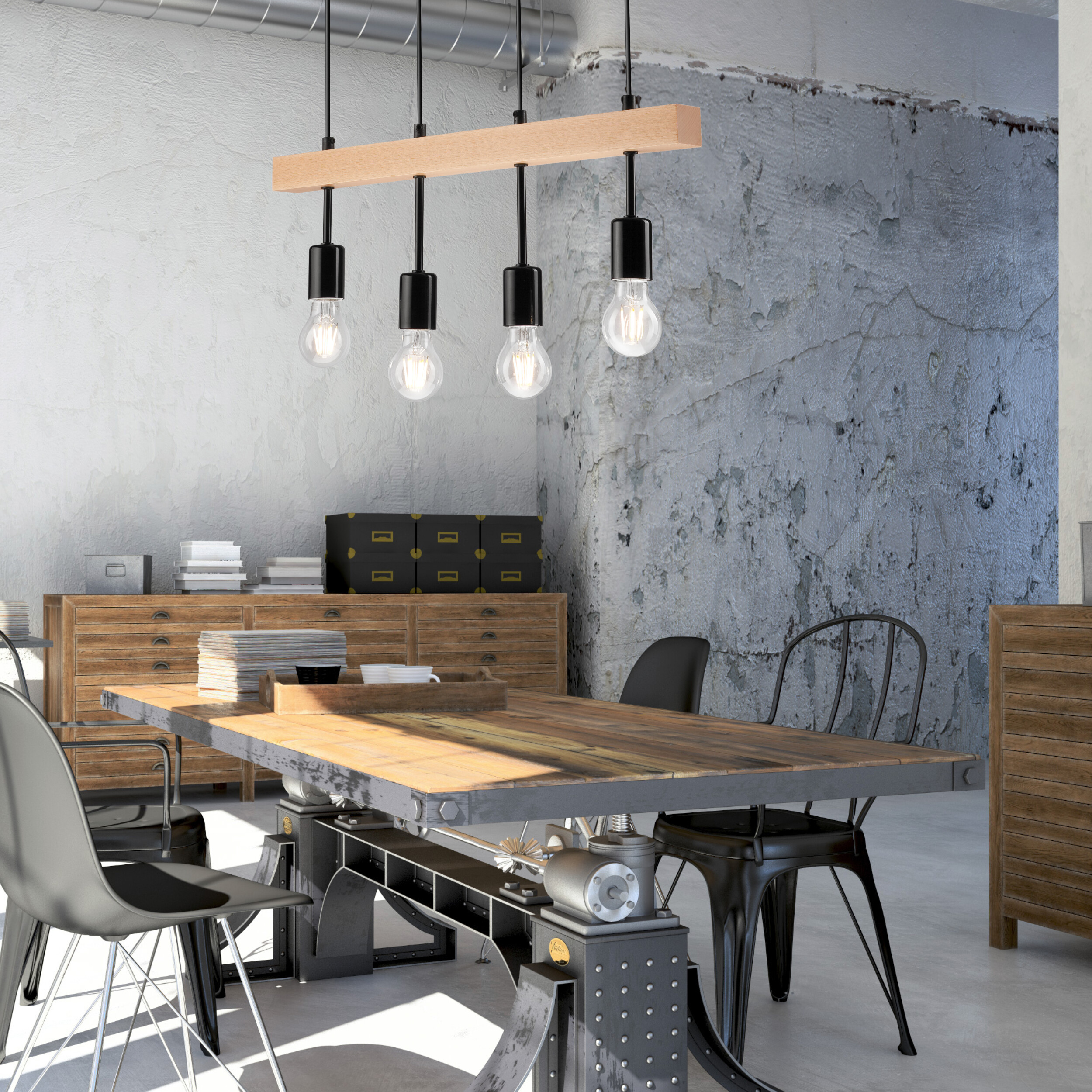 Lamkur Deckenleuchte schwarz Stahl Holz B/H/L: ca. 25x30x70 cm 4 Brennstellen