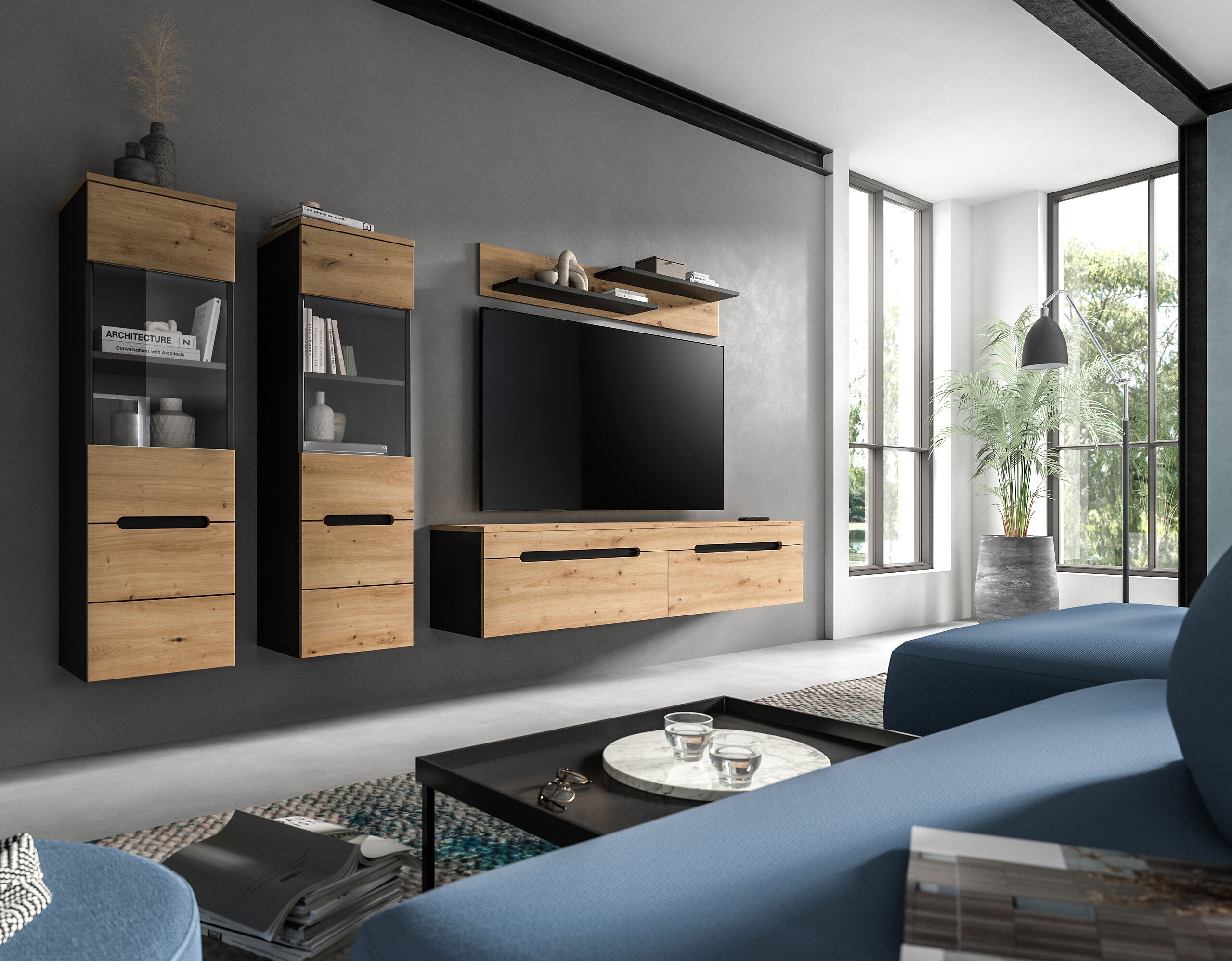 Wohnwand Canu basaltgrau Nachbildung Artisan Oak Nachbildung B/H/T: ca. 272x141x33 cm