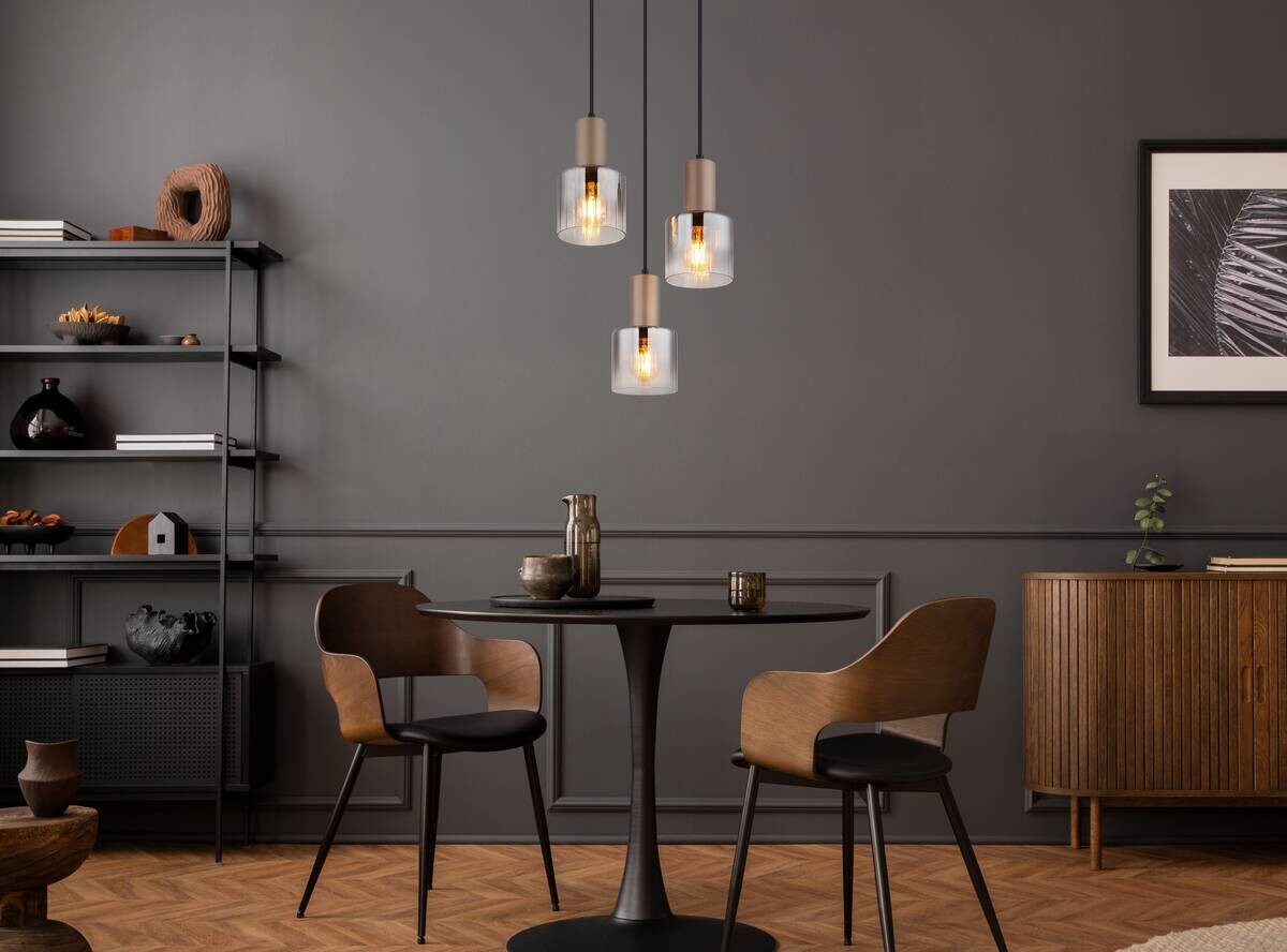 GLOBO Pendelleuchte Walton 3 kaffee Rauch klar Metall Glas H/D: ca. 150x28 cm E27 3 Brennstellen