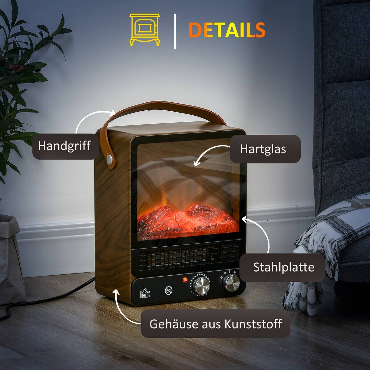 HOMCOM Elektro-Feuerstelle 820-348V90WN braun Edelstahl Polypropylen Kunststoff B/H/L: ca. 17,5x30,3x37,4 cm ca. 1500 W