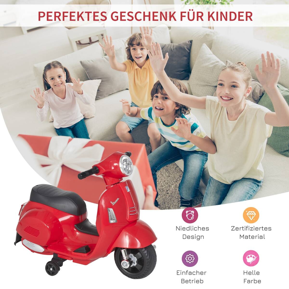 HOMCOM Elektrisches-Kindermofa rot B/H/L: ca. 38x52x66,5 cm