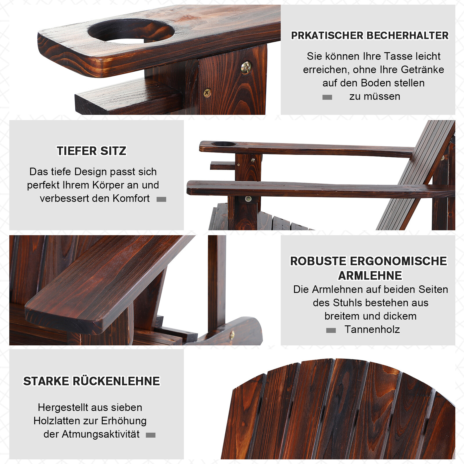 Outsunny Gartenstuhl mit Becherhalter braun Holz B/H/T: ca. 97x93x72,5 cm