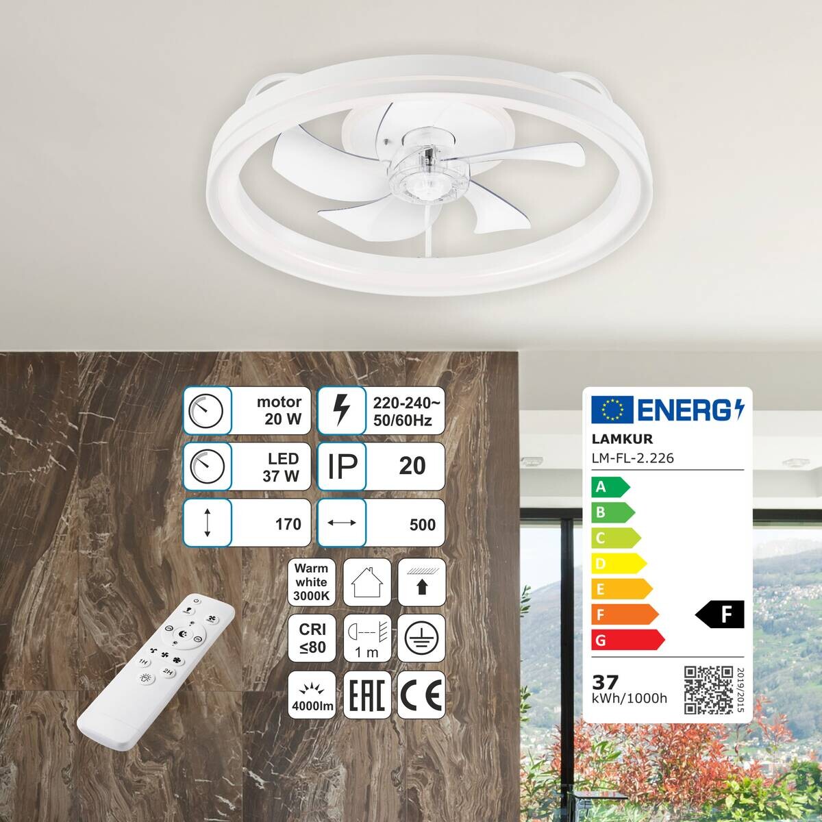 Lamkur LED-Deckenventilator Falco weiß H/L: ca. 17x50 cm 4 Brennstellen