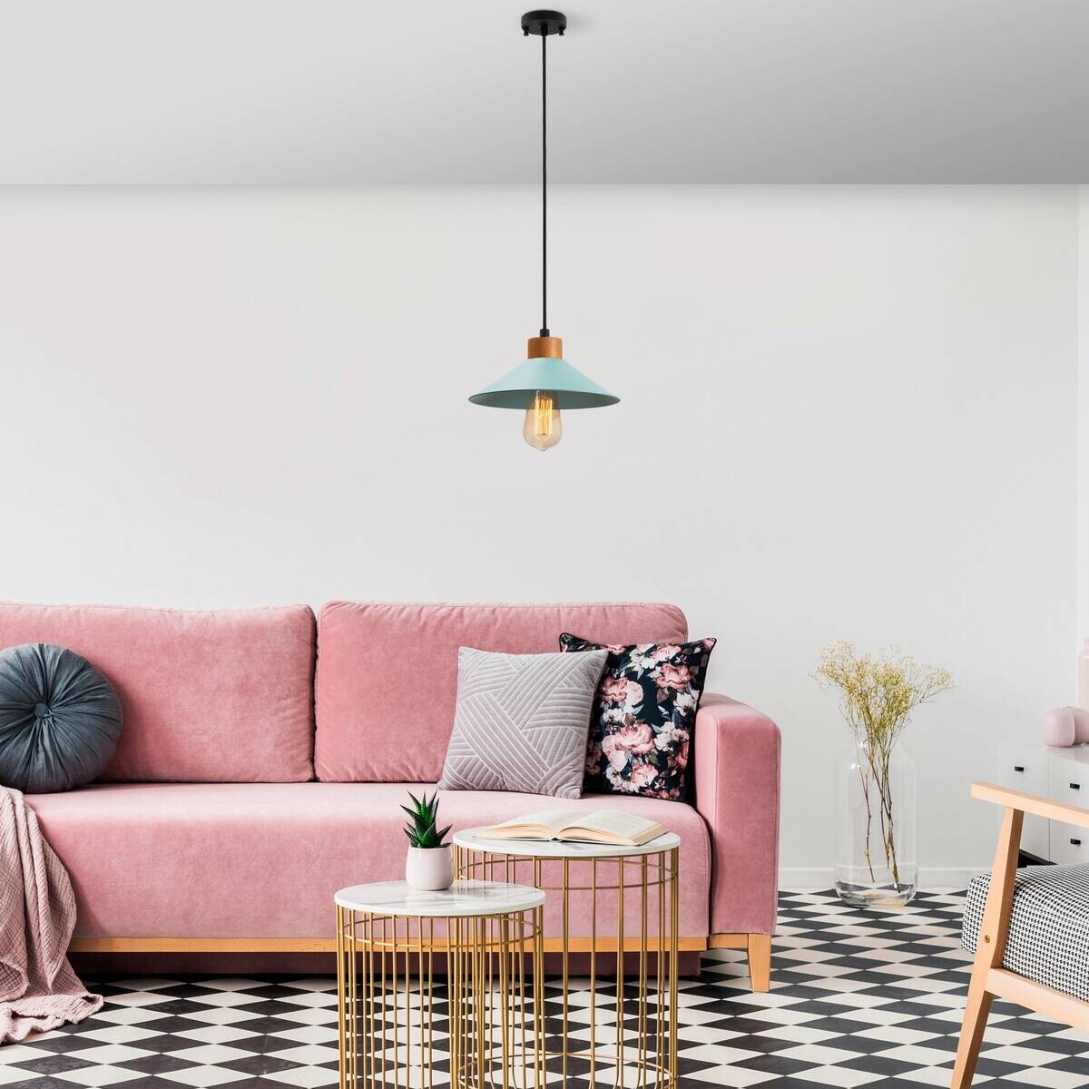 Opviq Pendelleuchte blau Holz B/H/T/L: ca. 103x103x24x103 cm E27 1 Brennstellen