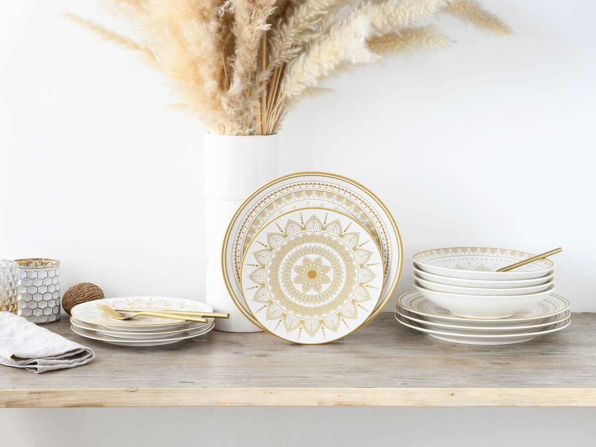 CreaTable Tafelservice MANDALA GOLD weiß Steinzeug 12 tlg.