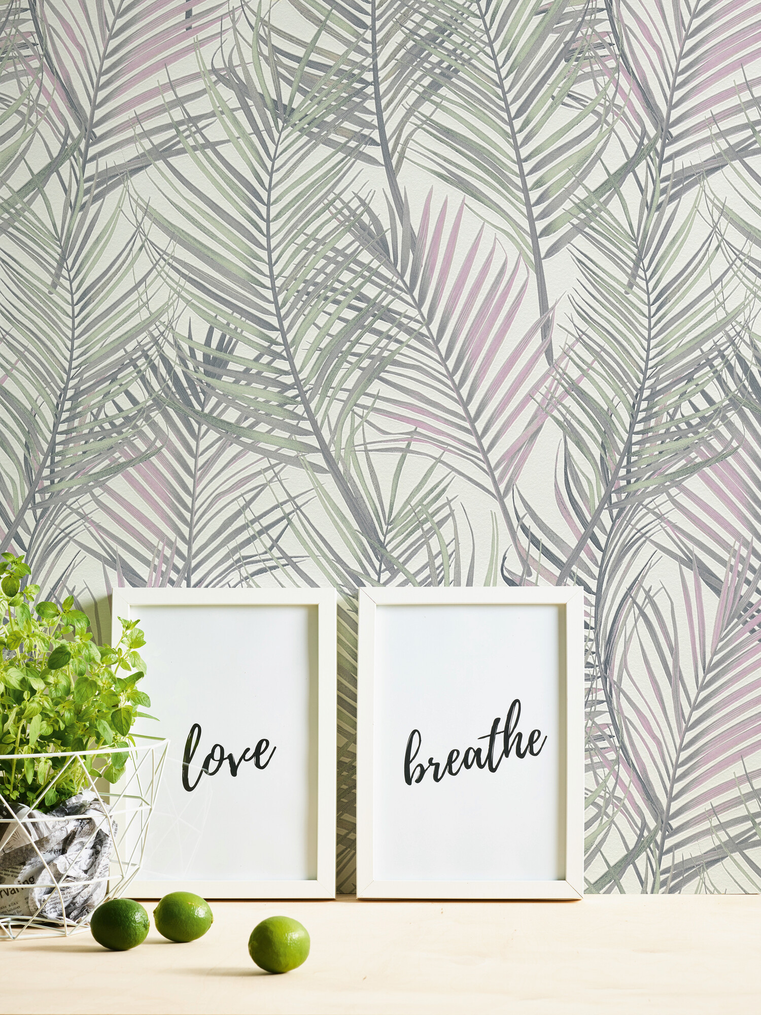 Vliestapete Palmenblätter grün rosa B/L: ca. 53x1005 cm