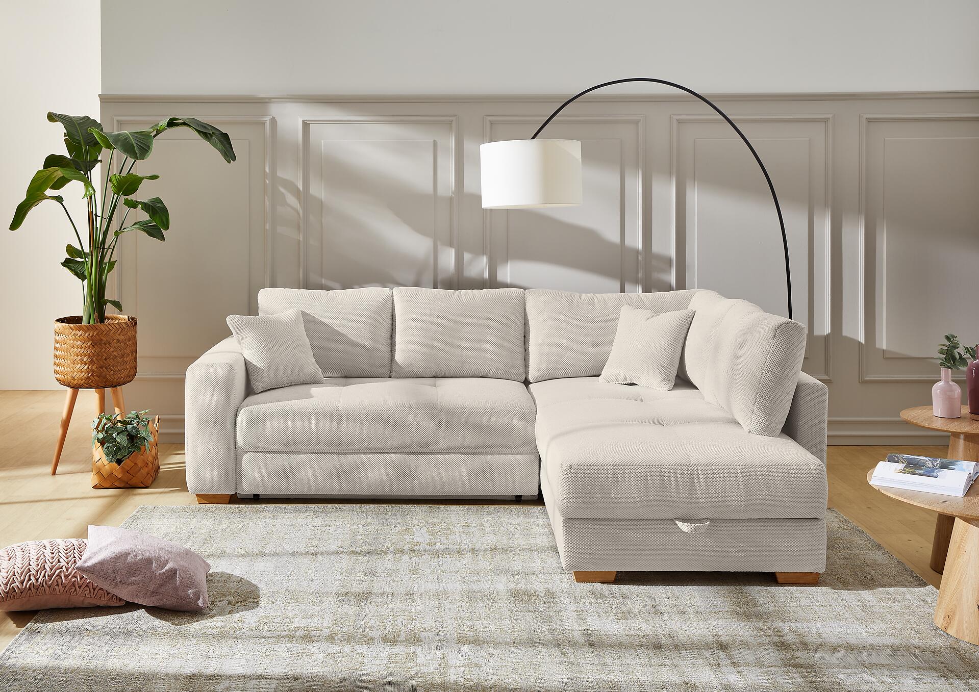 Ecksofa mit Bettfunktion und Bettkasten hellbeige Kord B/H/T: ca. 257x85x206 cm