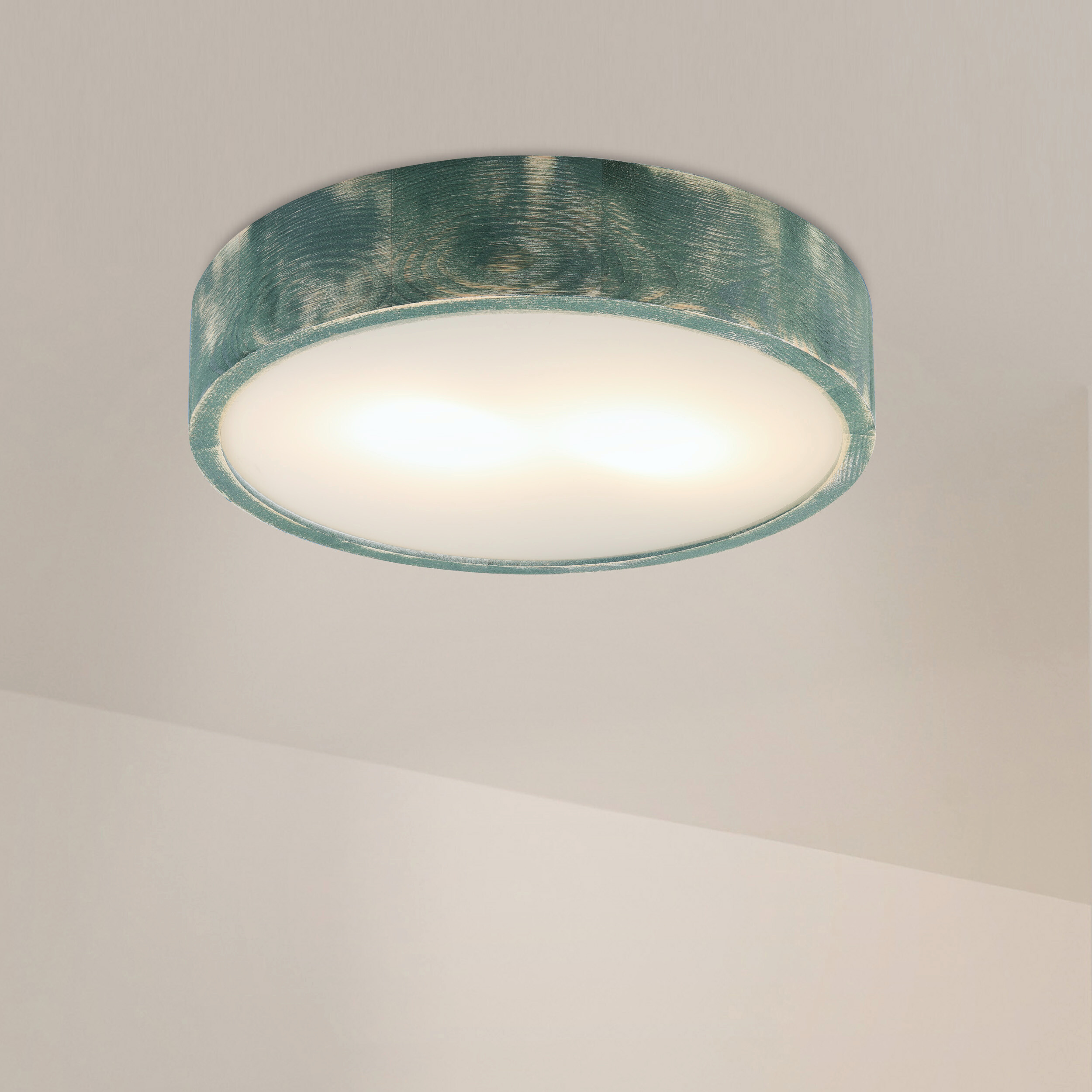 Lamkur Deckenleuchte grün hellbraun Holz Glas B/H/L: ca. 38x38x10 cm 2 Brennstellen