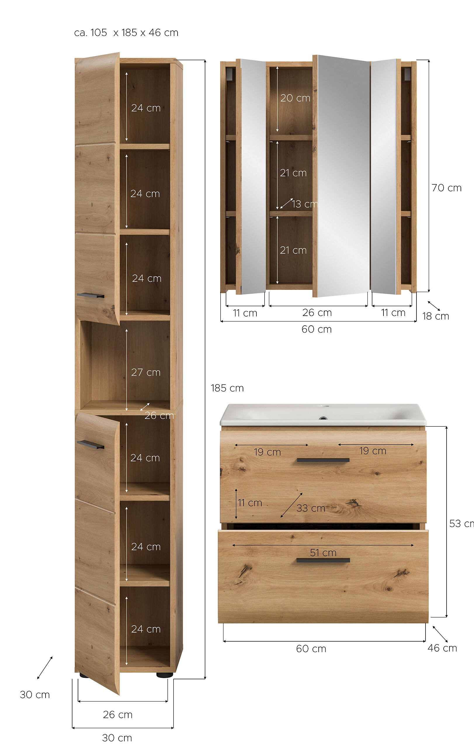 Badezimmer-Set Ice Artisan Oak Nachbildung B/H/T: ca. 105x185x46 cm