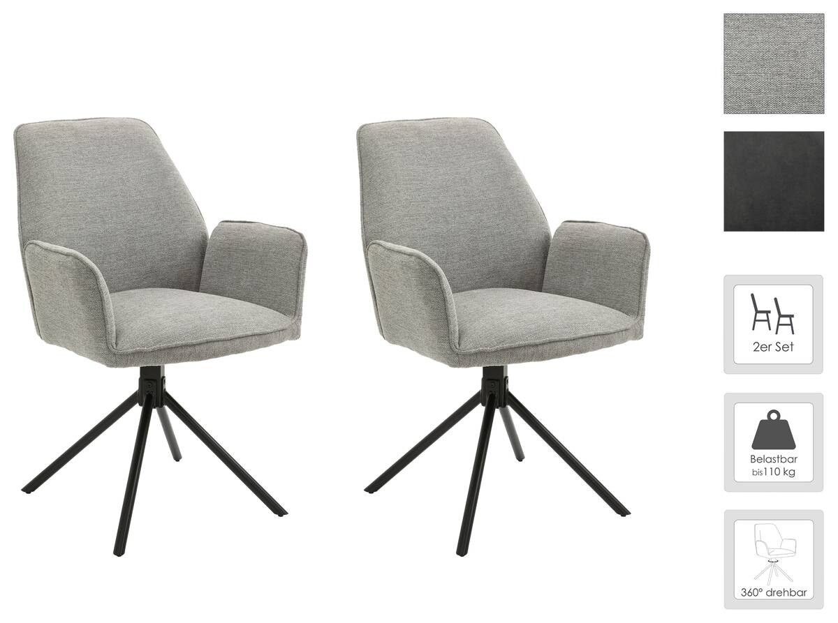 Stuhl BLAIR 2er-Set hellgrau schwarz Webstoff Metall B/H/T: ca. 57x89x61 cm