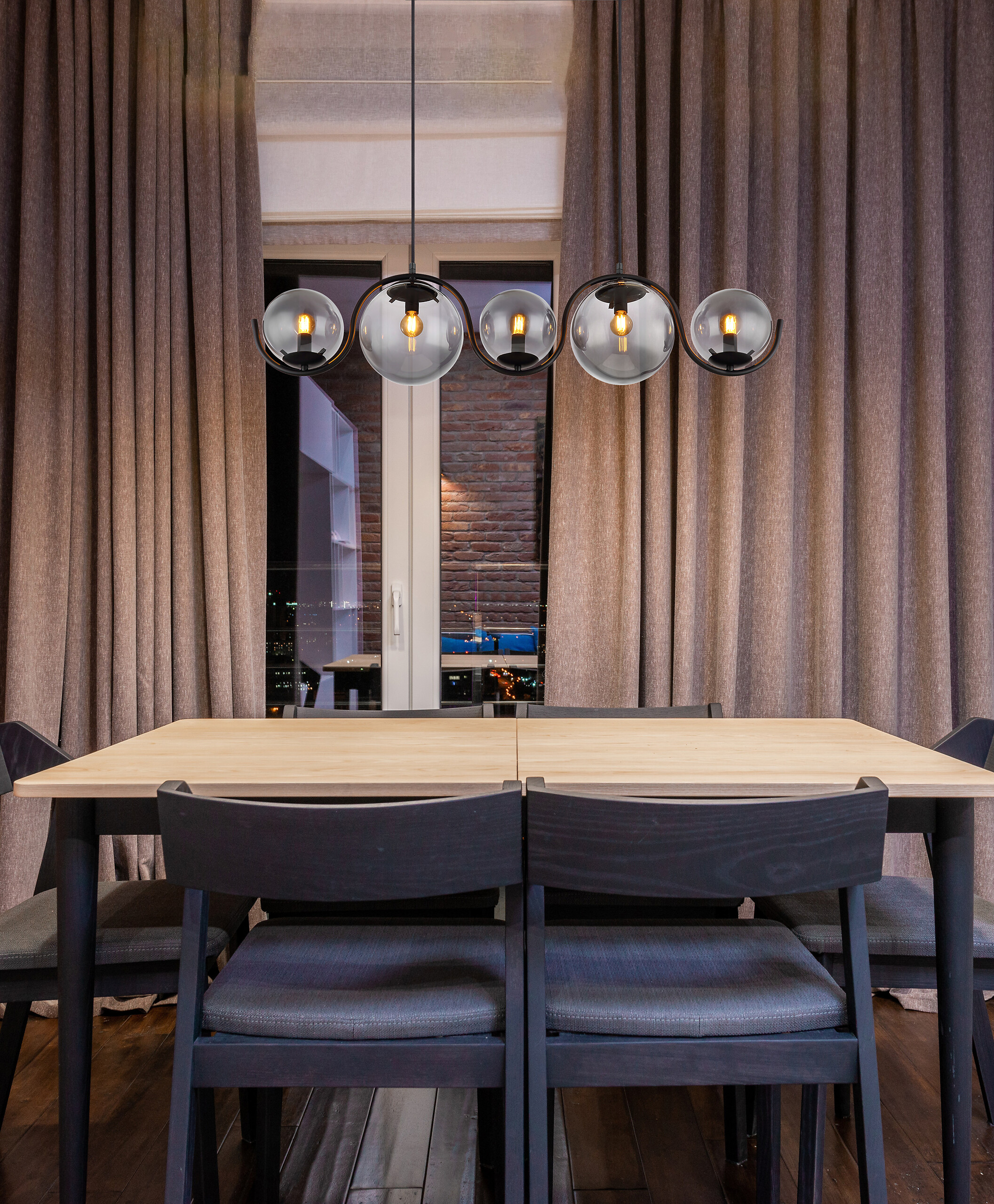 GLOBO Pendelleuchte 15869-5H schwarz Rauch Metall Glas B/H/T: ca. 100x120x20 cm E14 5 Brennstellen