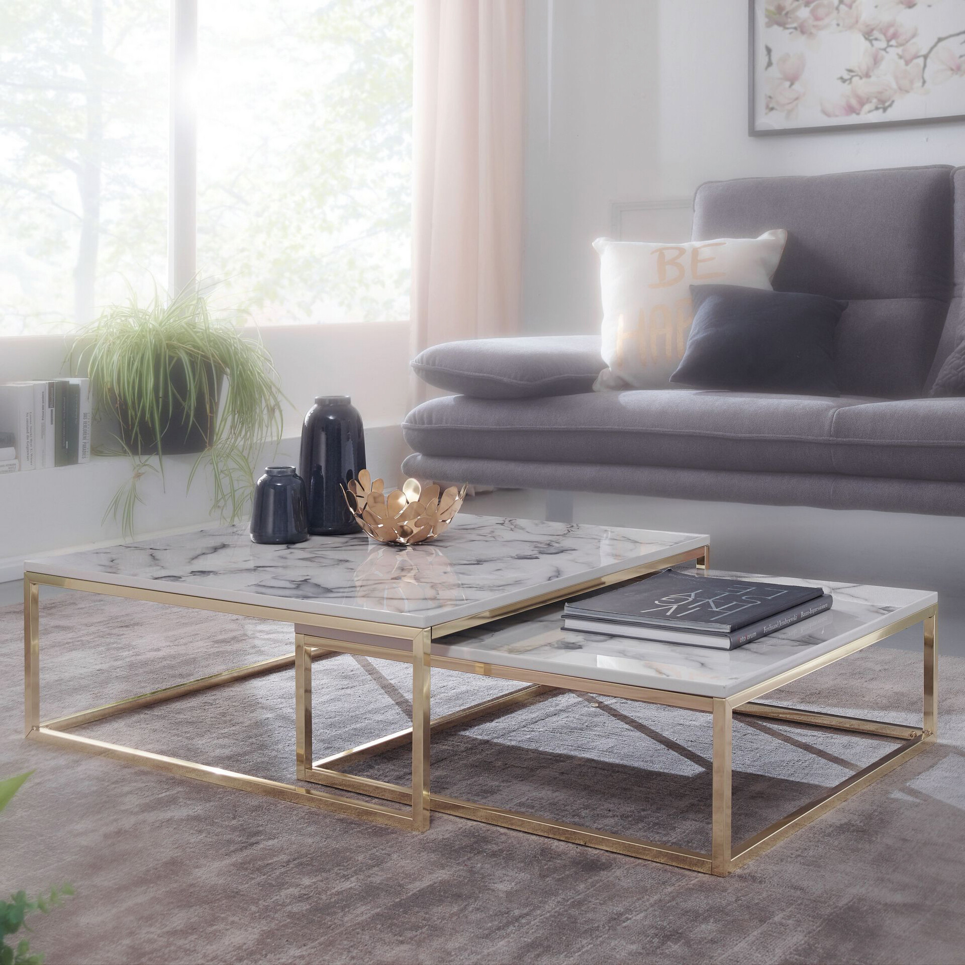 Wohnling Couchtisch 2er-Set. weiß Marmor gold MDF Stahl