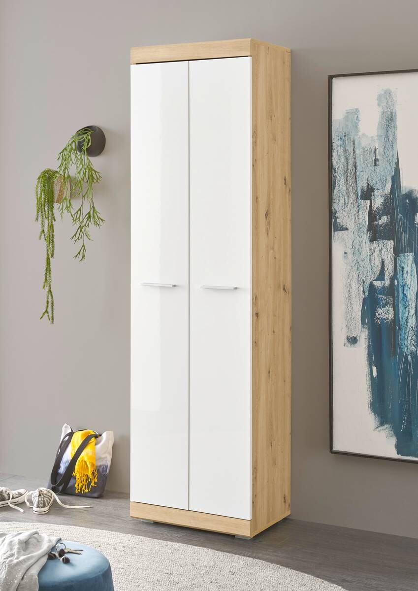 Garderobenschrank Nola Eiche Artisan Nachbildung weiß Hochglanz B/H/T: ca. 55x195x38 cm