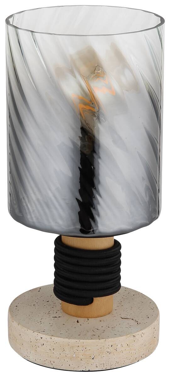 GLOBO Tischleuchte travertinbraun Rauch Glas Holz Beton H/D: ca. 25,4x12 cm E27 1 Brennstellen