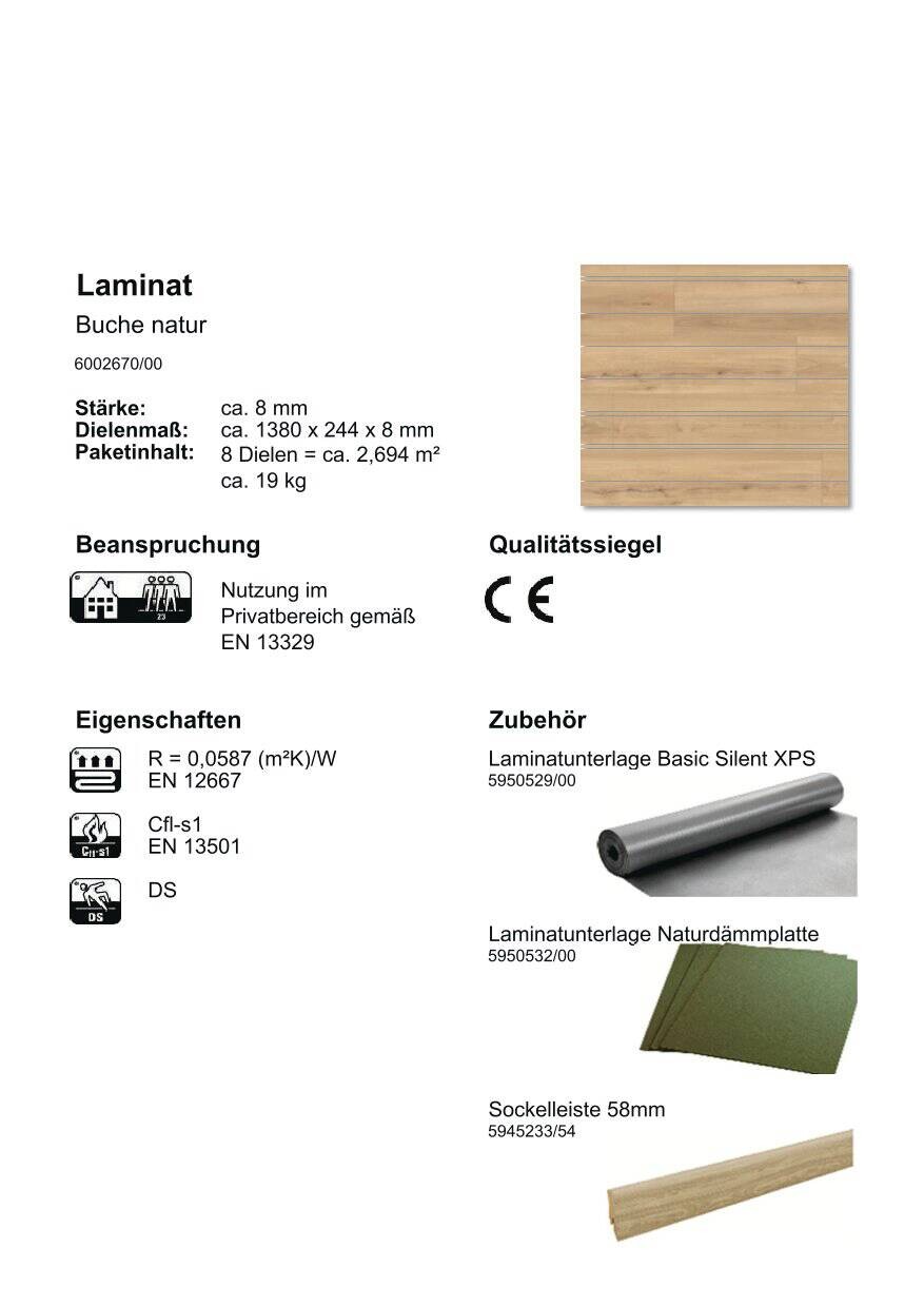 Laminatboden Buche natur ca. 2,694 m² im Paket  B/L: ca. 24,4x138 cm pro Paket