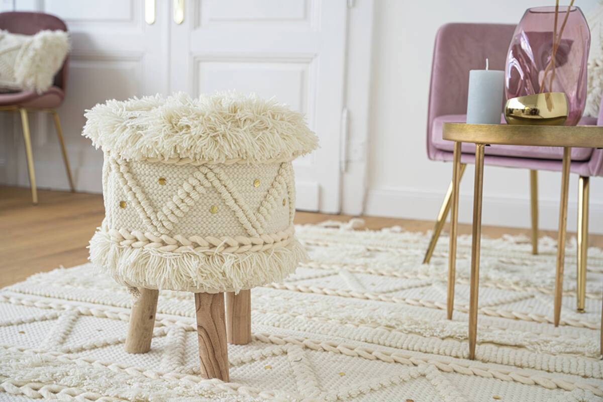 360 Living Hocker Bohist 500 creme Baumwolle Holz H/D: ca. 50x38 cm