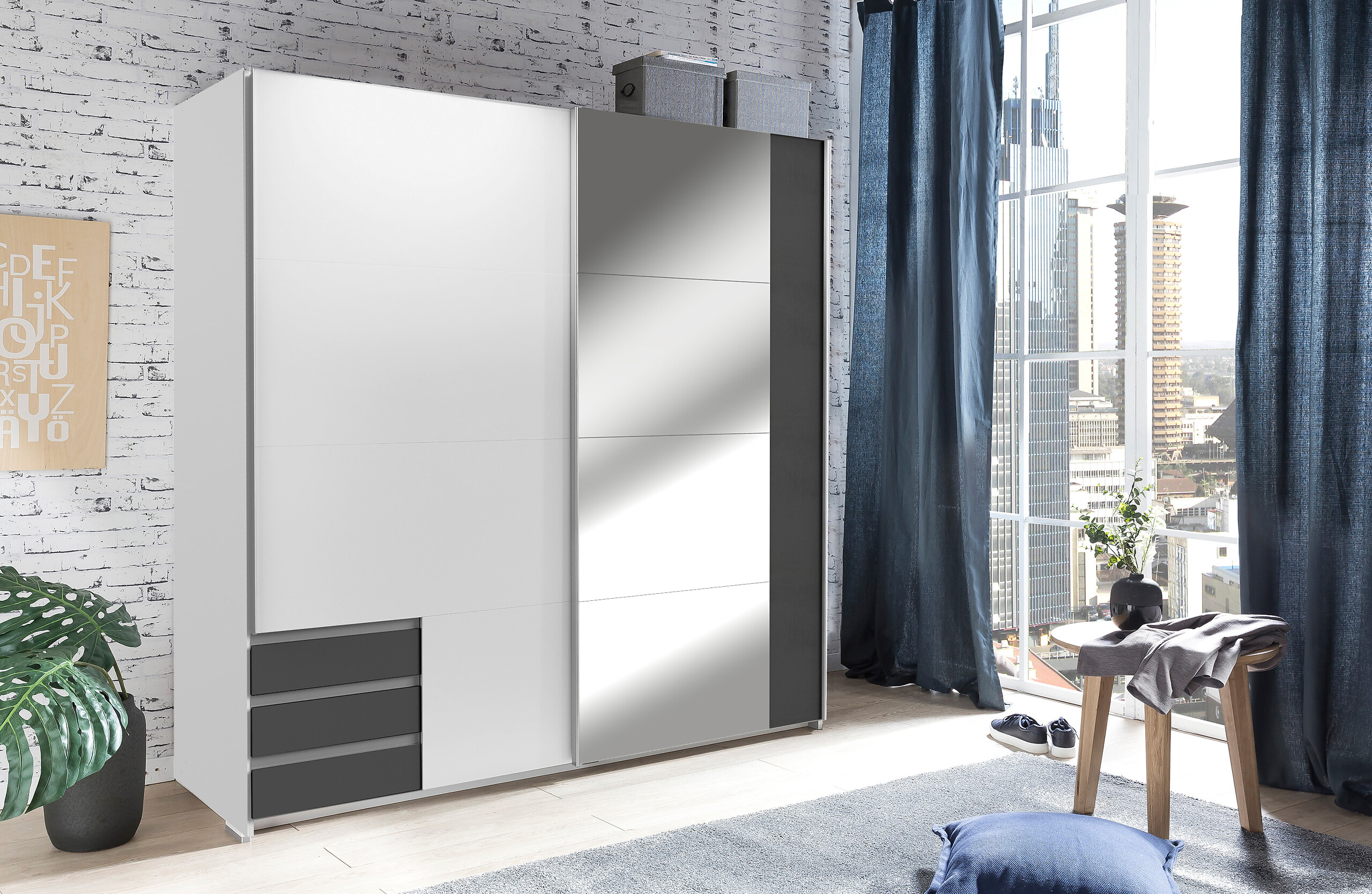 Schwebetürenschrank Emden weiß Graphit B/H/T: ca. 179x198x64 cm Schwebetürenschrank Emden weiß Graphit B/H/T: ca. 179x198x64 cm