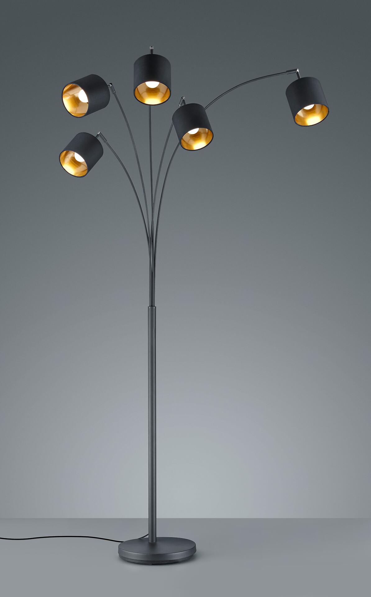 Reality Bogenleuchte Tommy mattschwarz gold Metall Stoff B/H/L: ca. 30x200x72 cm E14 5 Brennstellen