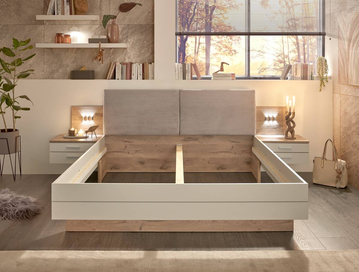 Bettanlage Moledo Eiche Viking Nachbildung hellgrau B/H/T: ca. 296x102x216 cm Liegefläche B/L: ca. 180x200 cm