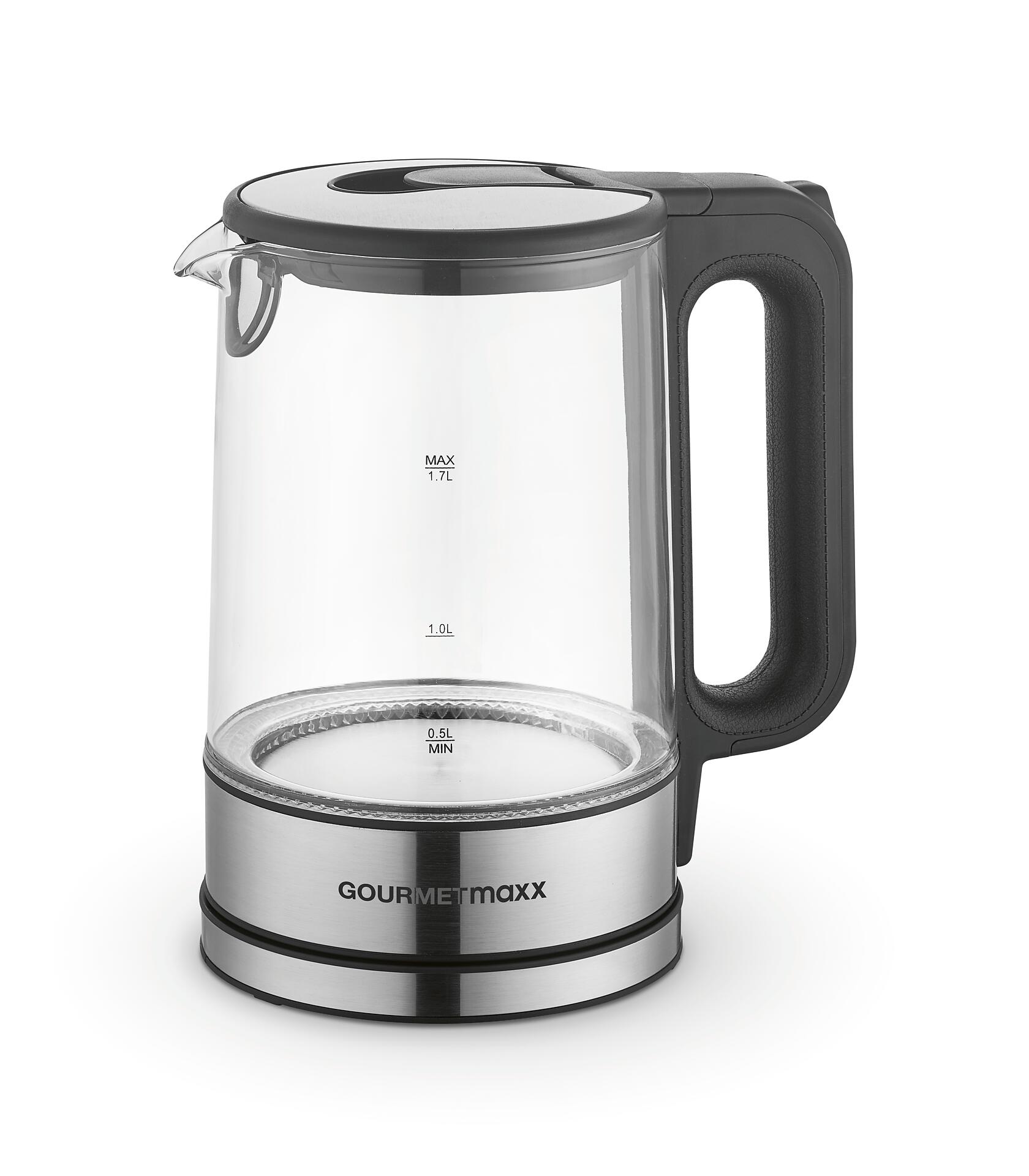 GOURMETmaxx Wasserkocher schwarz silber Glas Edelstahl B/H/L: ca. 15x24x21 cm ca. 1,7 l