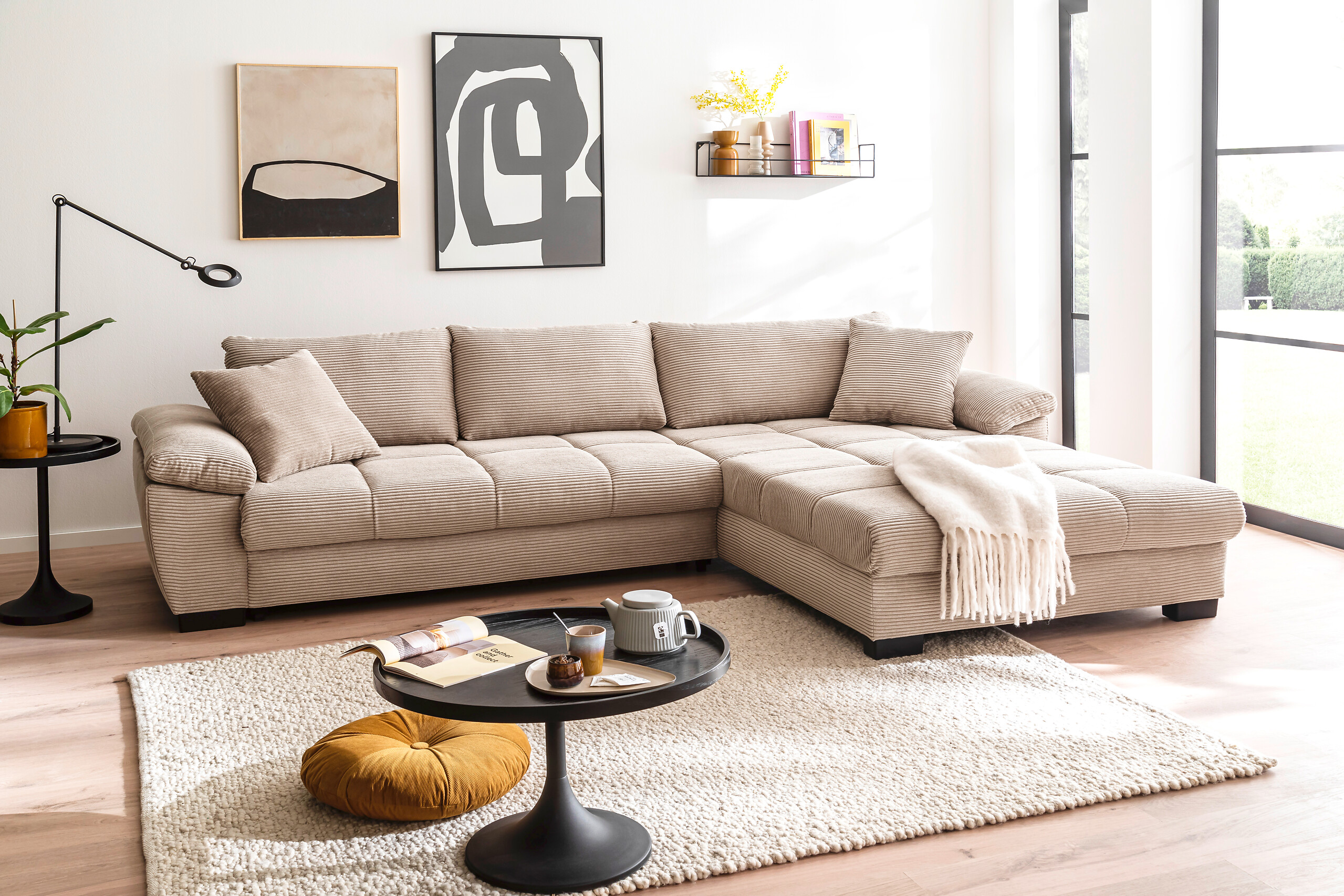 Ecksofa mit Bettfunktion und Bettkasten taupe Microfaser B/H/T: ca. 323x88x211 cm