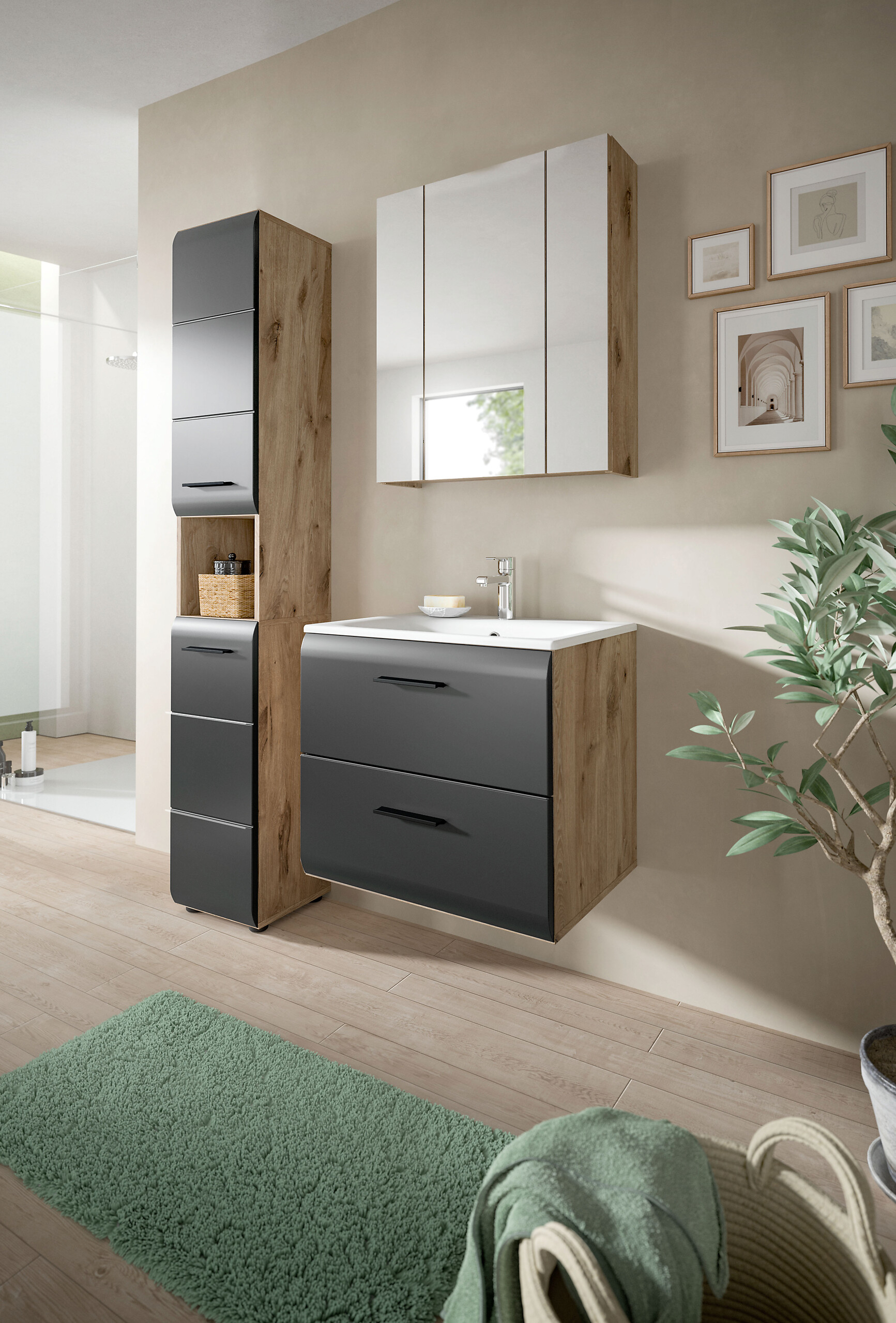 Badezimmer-Set Ice Nox Oak Nachbildung schwarz matt B/H/T: ca. 105x185x46 cm