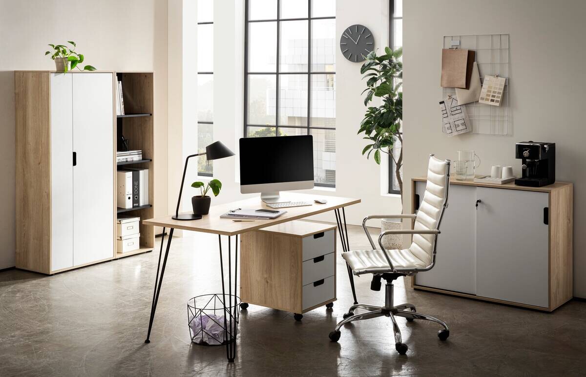 Schiebetürenschrank Emmik weiß matt Eiche Eiche weiß Nachbildung B/H/T: ca. 100,1x83,6x41 cm