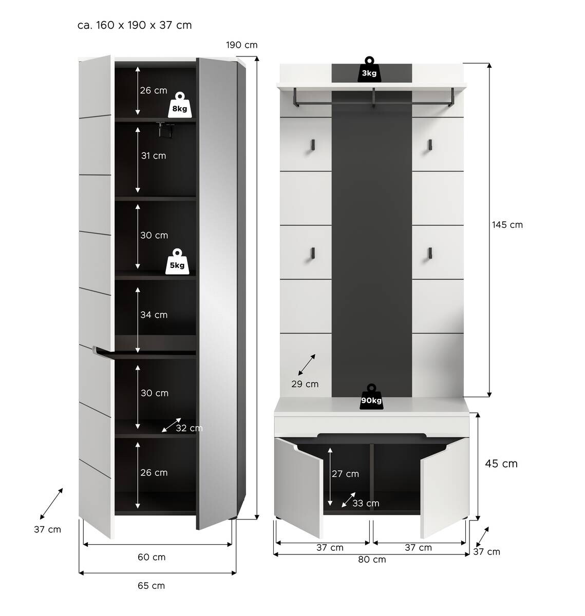 Garderobe Canu basaltgrau Nachbildung weiß B/H/T: ca. 160x190x37 cm
