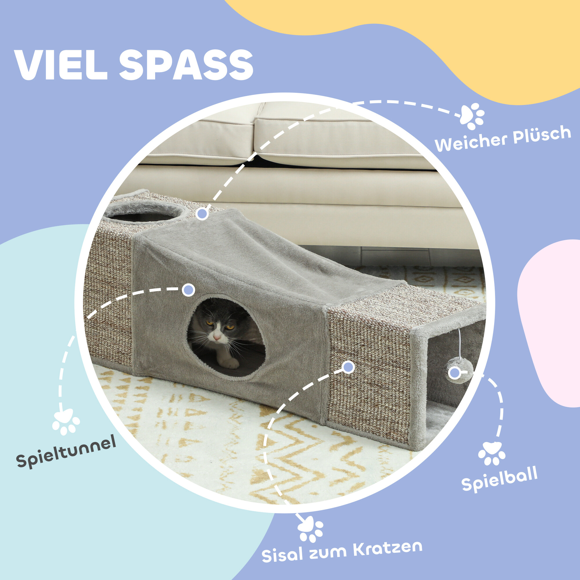 PawHut Katzentunnel grau Spanplatte B/H/L: ca. 30x30x98 cm